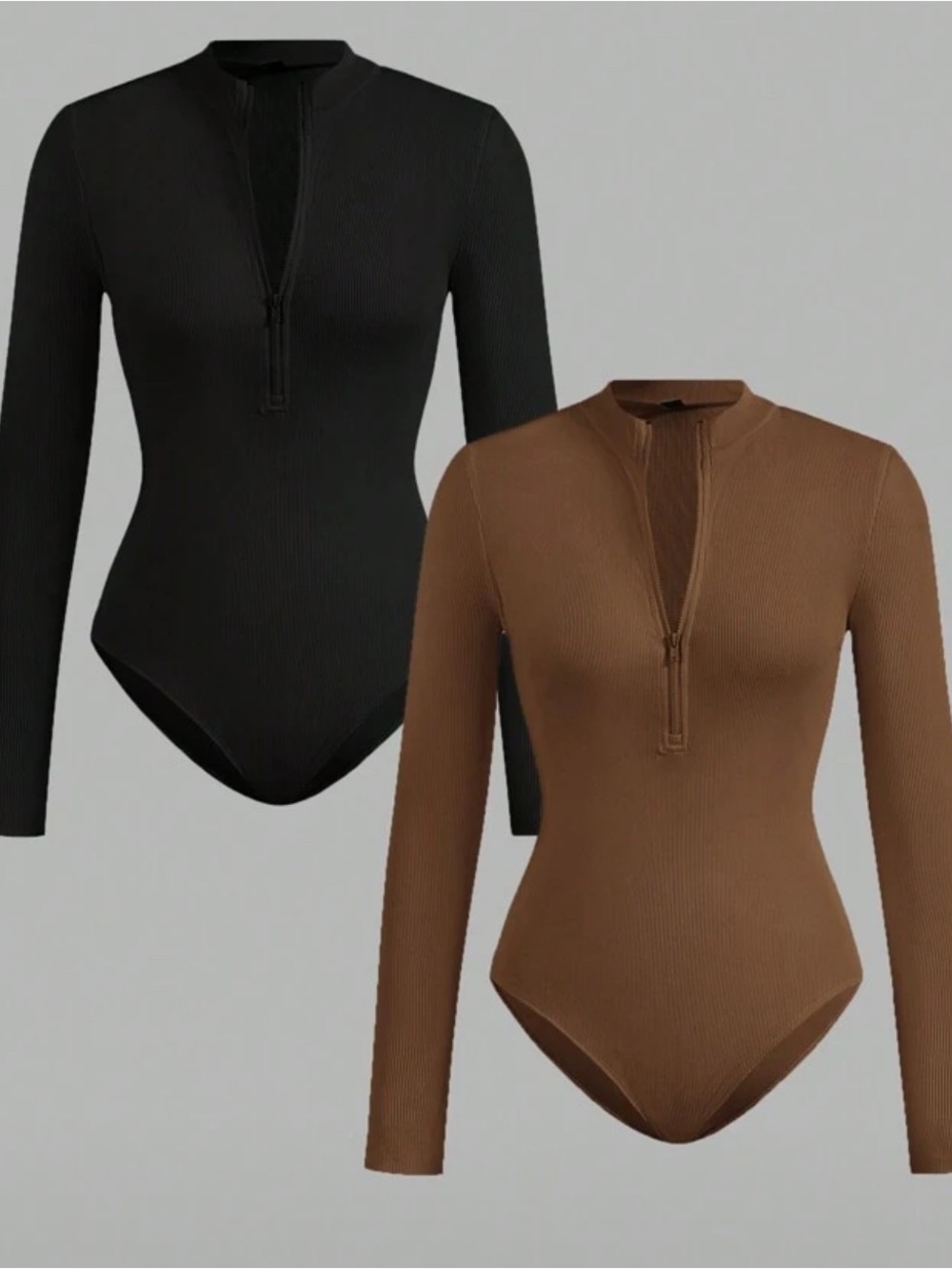 Black & Brown Ribbed Half-Zip Long Sleeve Bodysuit Duo